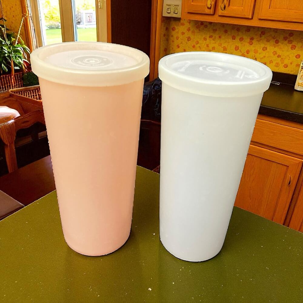 Tupperware Tumblers 12 oz Set 2 Peach White Cups 115 Vintage Lids Seals USA Made